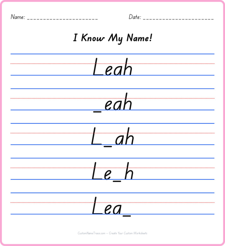 Free Leah custom name tracing - fill-in-the-blank free worksheet