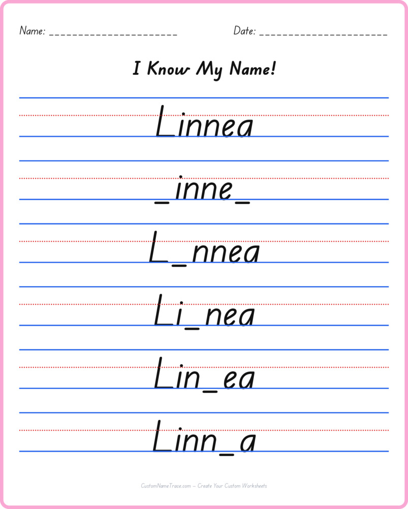 Free Linnea custom name tracing - fill-in-the-blank free worksheet