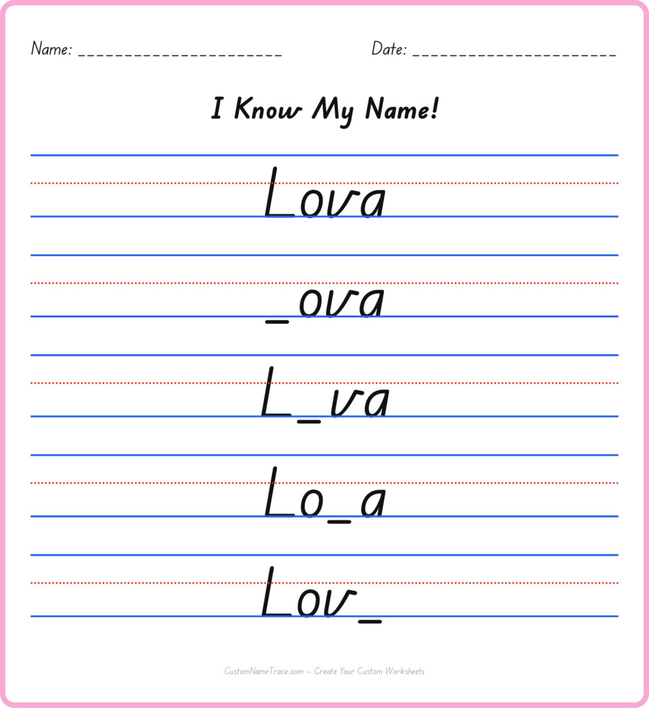 Free Lova custom name tracing - fill-in-the-blank free worksheet