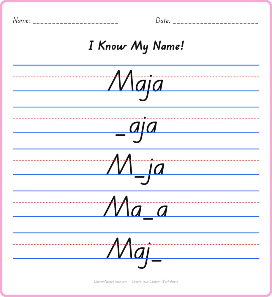 Free Maja custom name tracing - fill-in-the-blank free worksheet