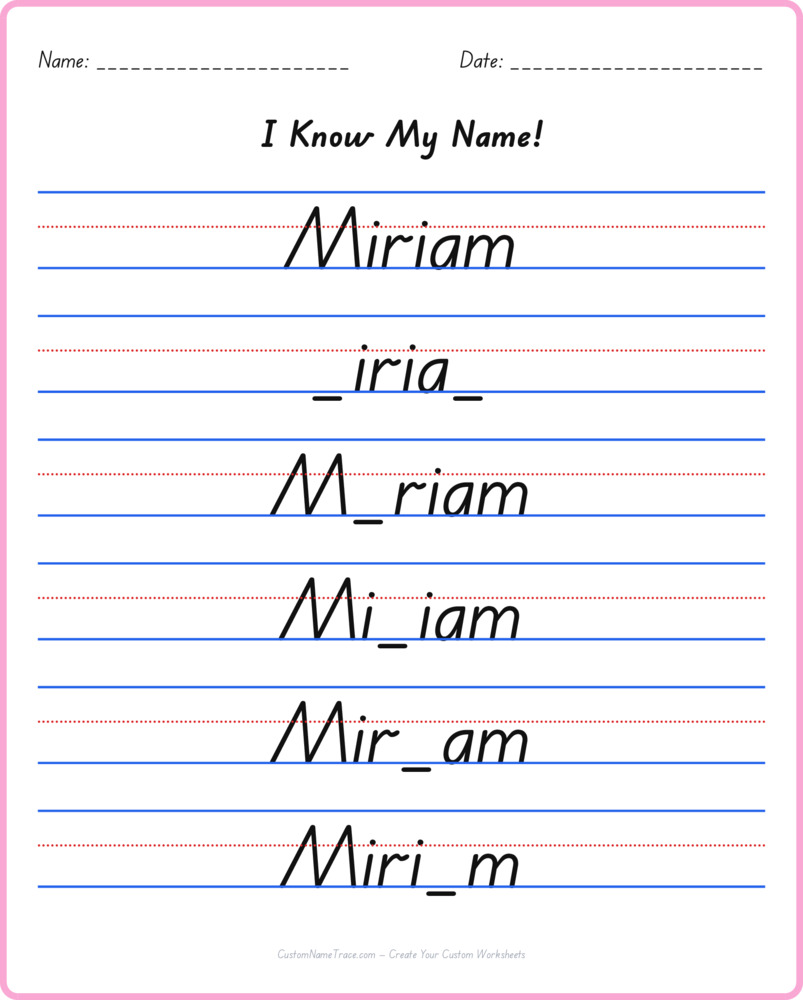 Free Miriam custom name tracing - fill-in-the-blank free worksheet
