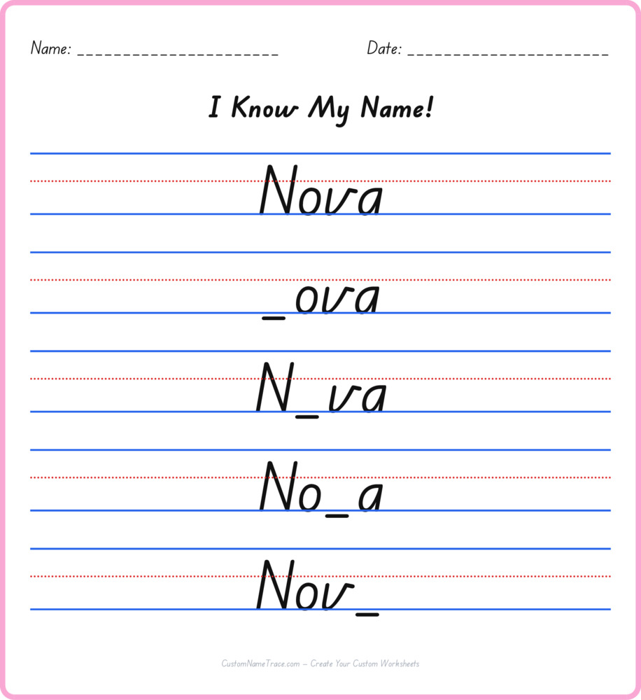 Free Nova custom name tracing - fill-in-the-blank free worksheet