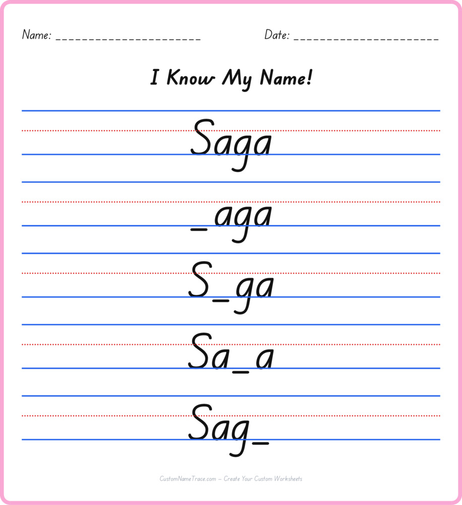 Free Saga custom name tracing - fill-in-the-blank free worksheet