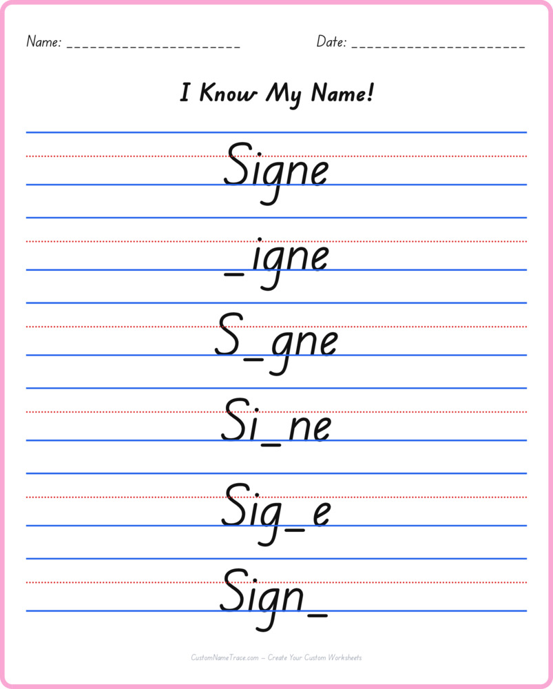 Free Signe custom name tracing - fill-in-the-blank free worksheet