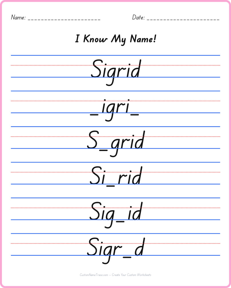 Free Sigrid custom name tracing - fill-in-the-blank free worksheet