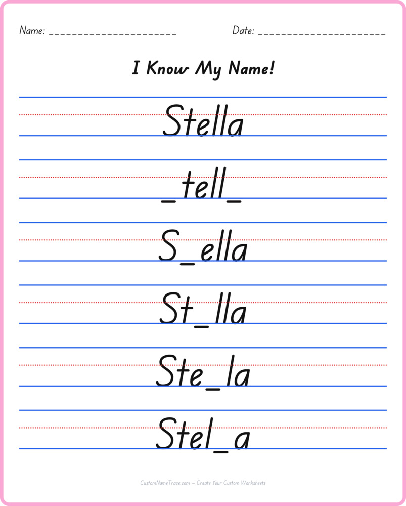 Free Stella custom name tracing - fill-in-the-blank free worksheet