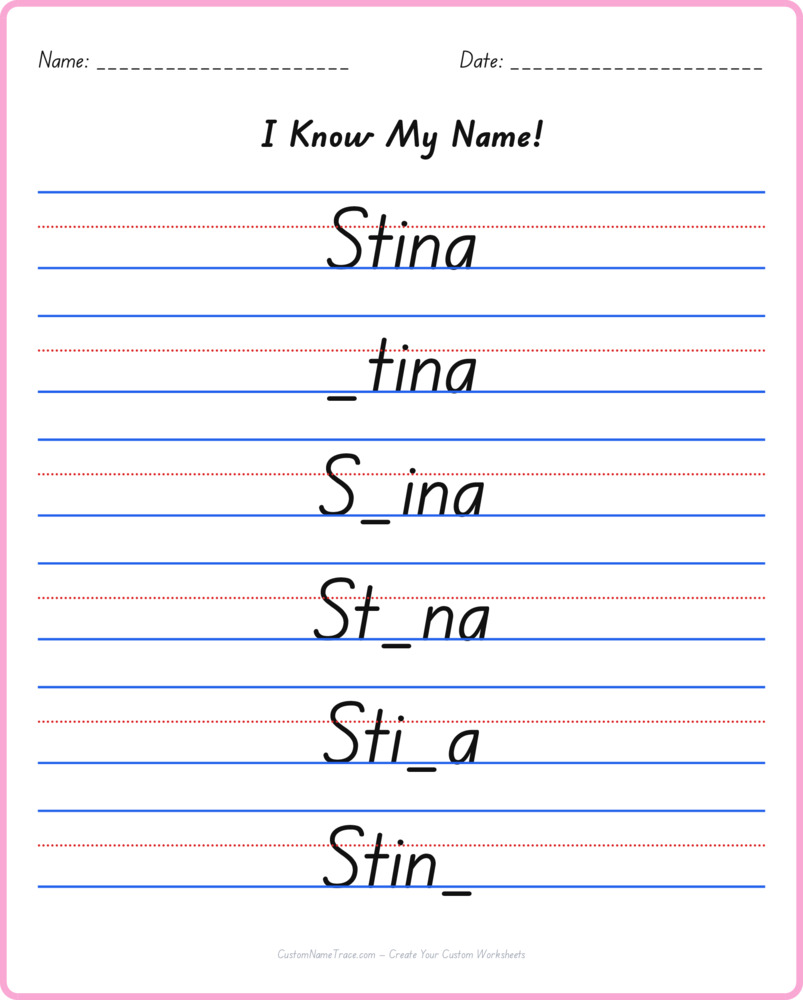 Free Stina custom name tracing - fill-in-the-blank free worksheet