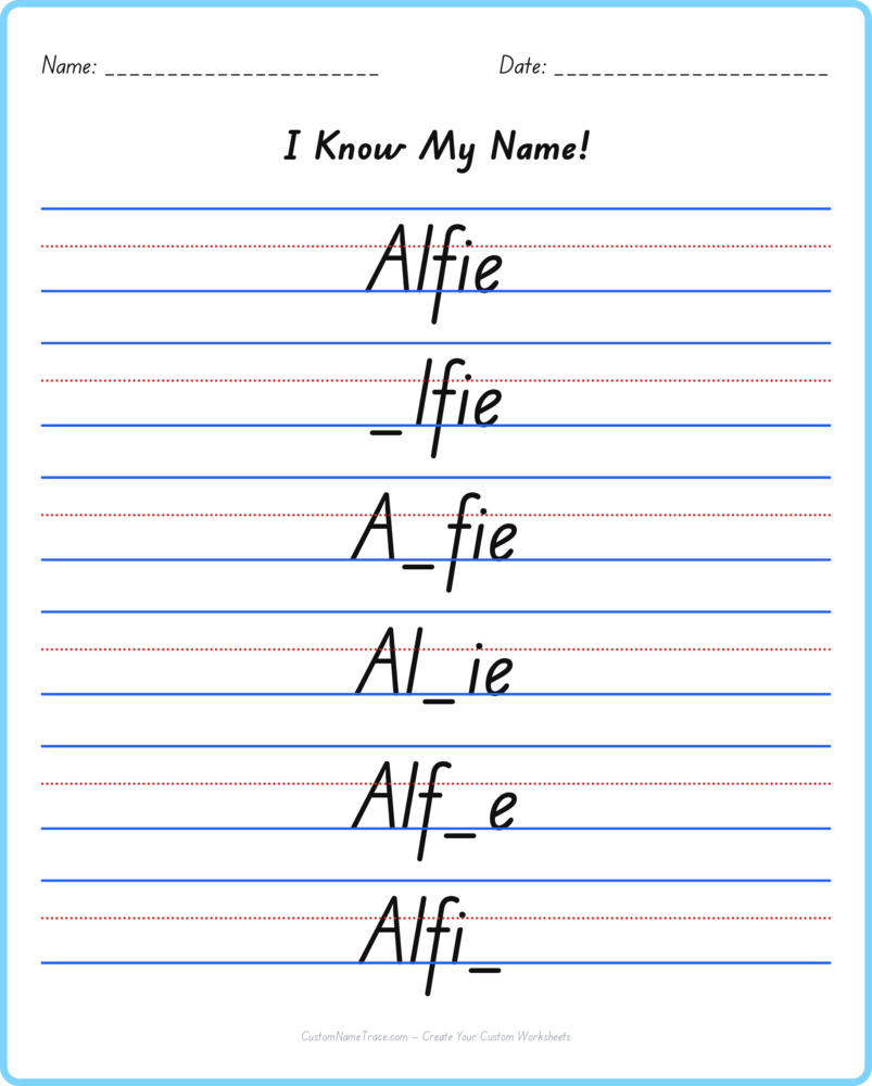 Free Alfie custom name tracing - fill-in-the-blank free worksheet