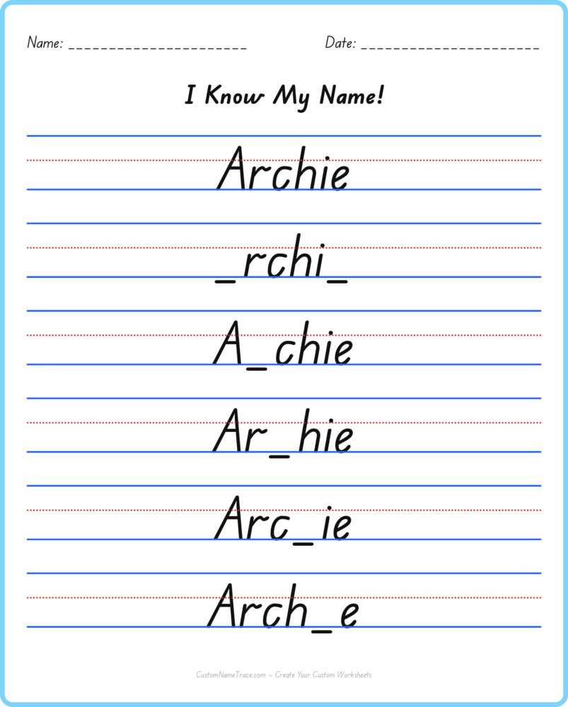 Free Archie custom name tracing - fill-in-the-blank free worksheet