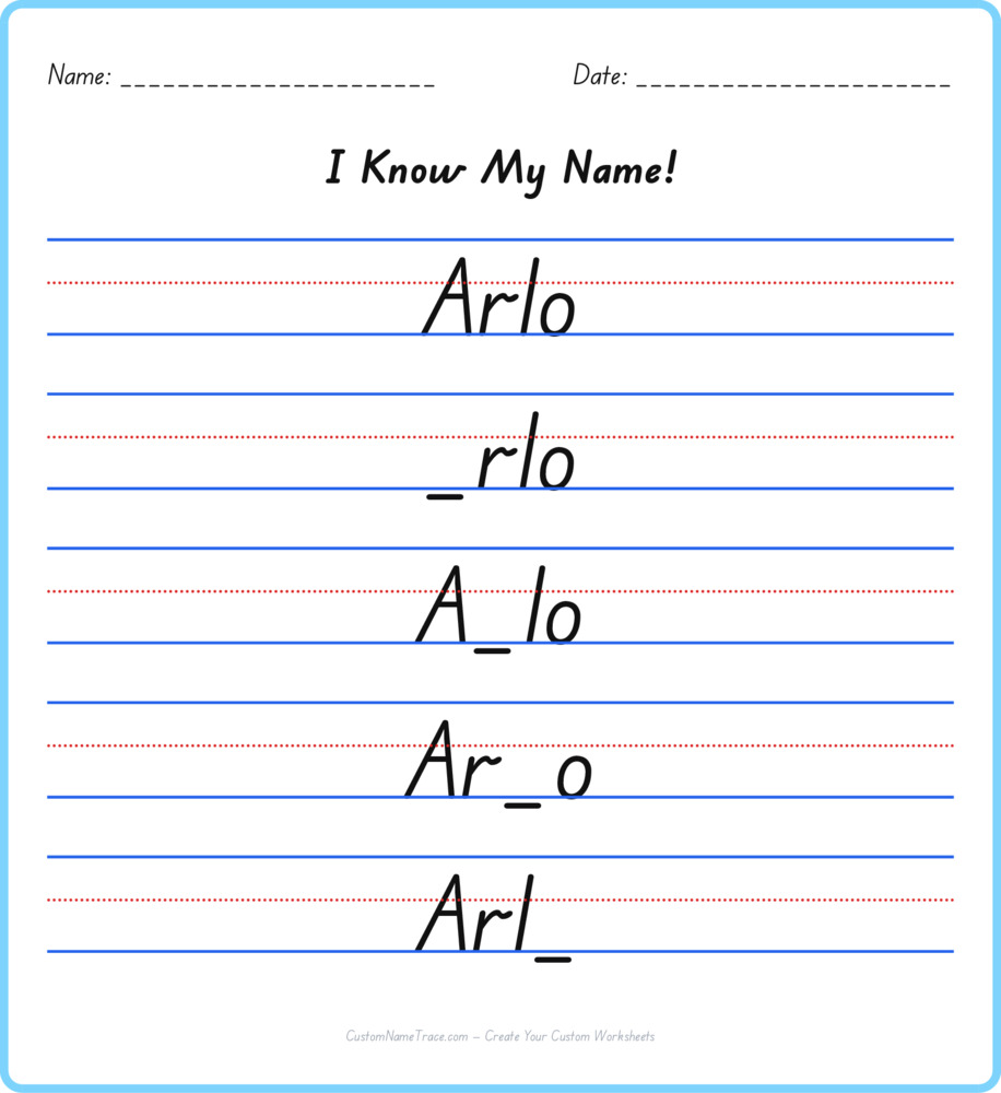 Free Arlo custom name tracing - fill-in-the-blank free worksheet