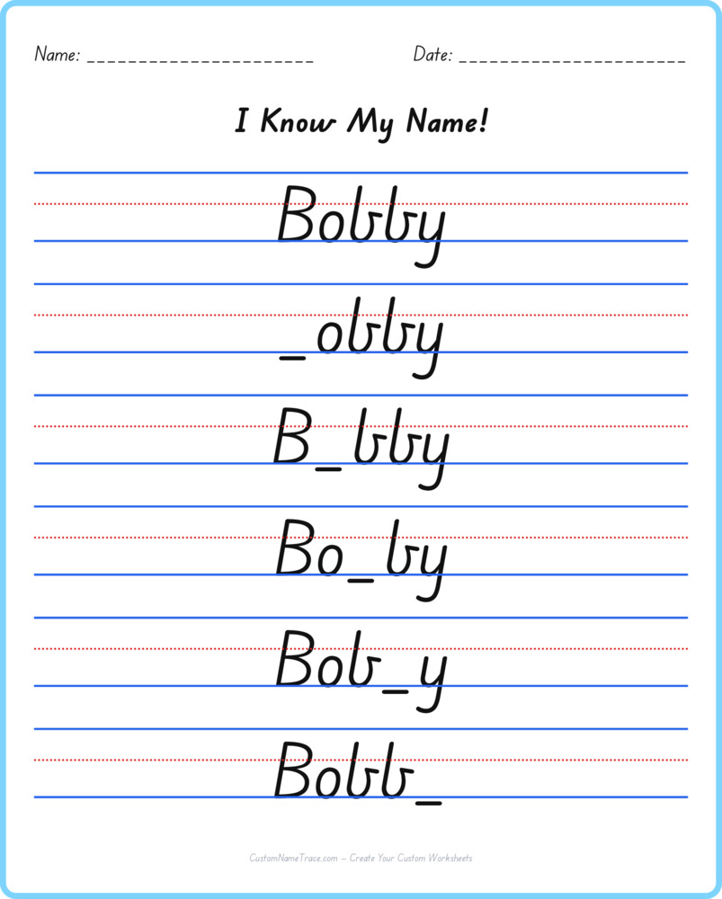 Free Bobby custom name tracing - fill-in-the-blank free worksheet