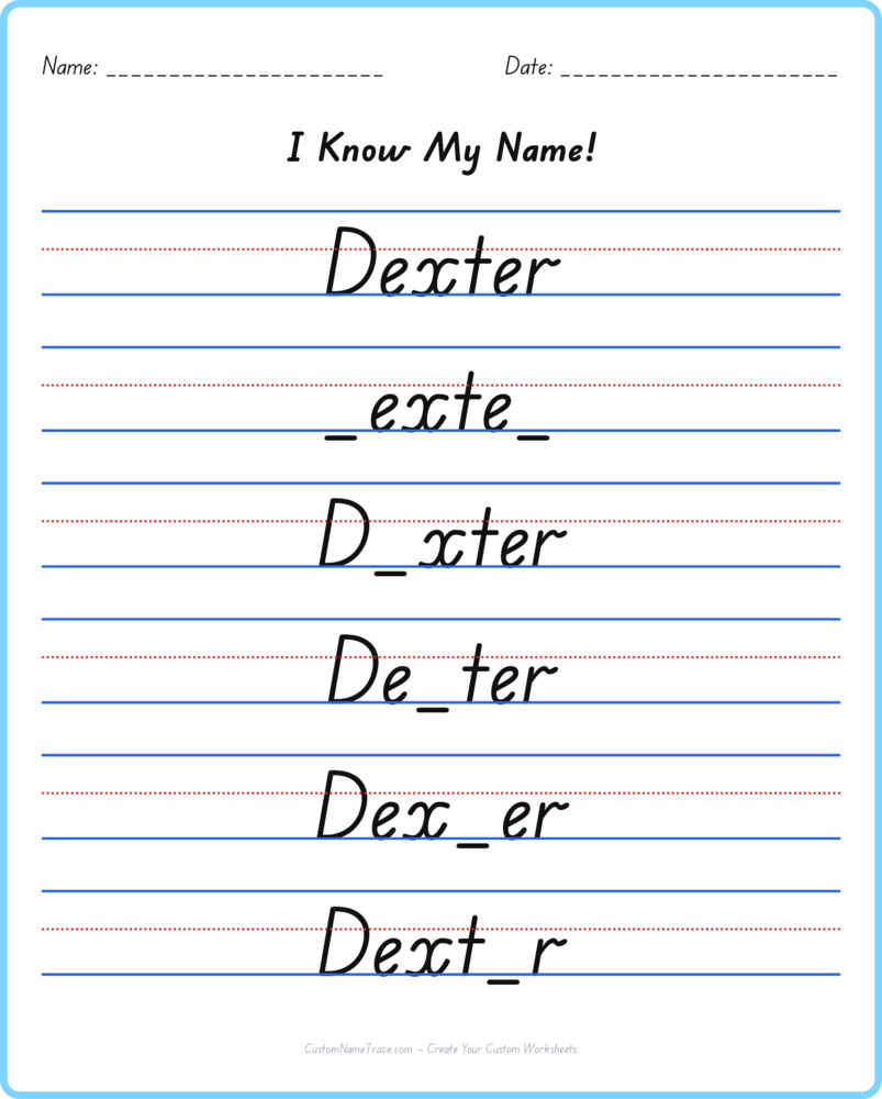 Free Dexter custom name tracing - fill-in-the-blank free worksheet