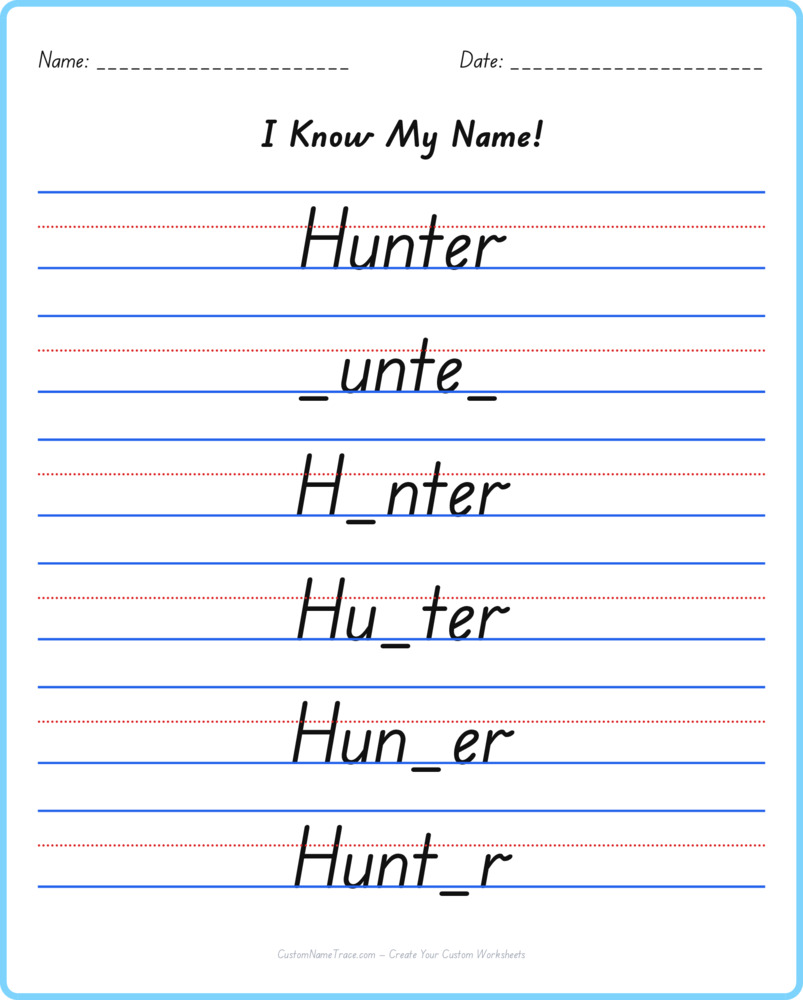 Free Hunter custom name tracing - fill-in-the-blank free worksheet