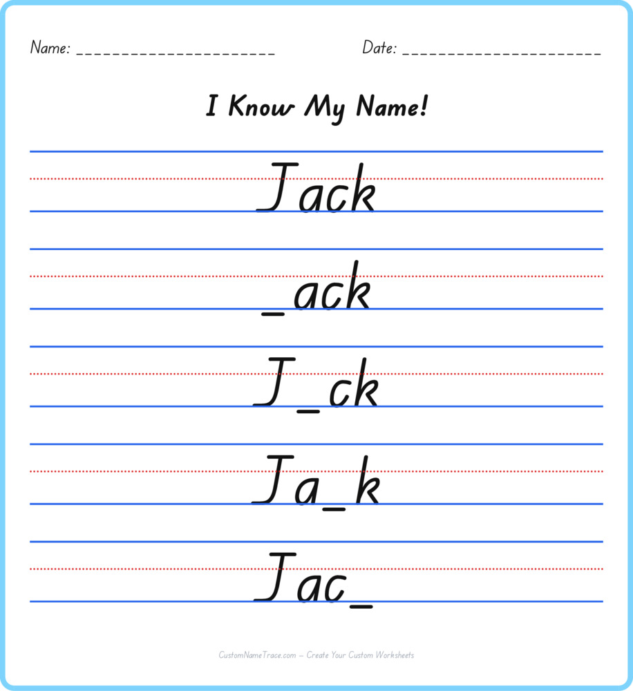Free Jack custom name tracing - fill-in-the-blank free worksheet