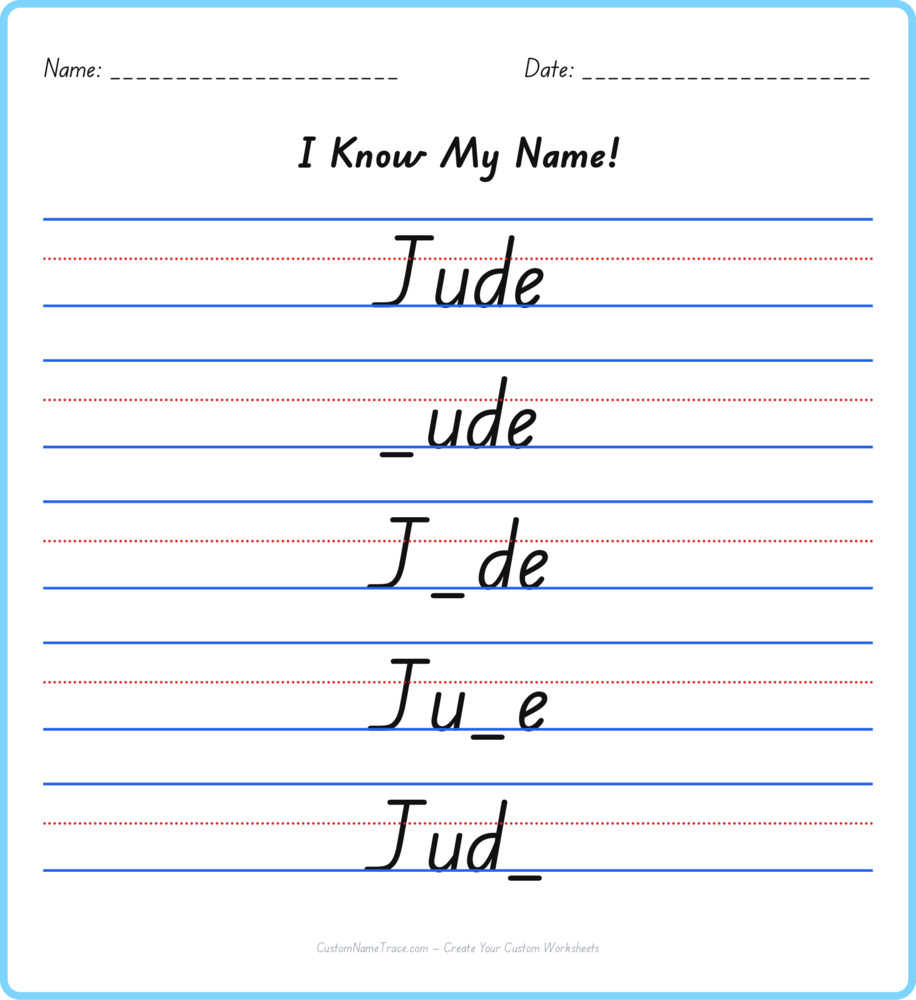 Free Jude custom name tracing - fill-in-the-blank free worksheet