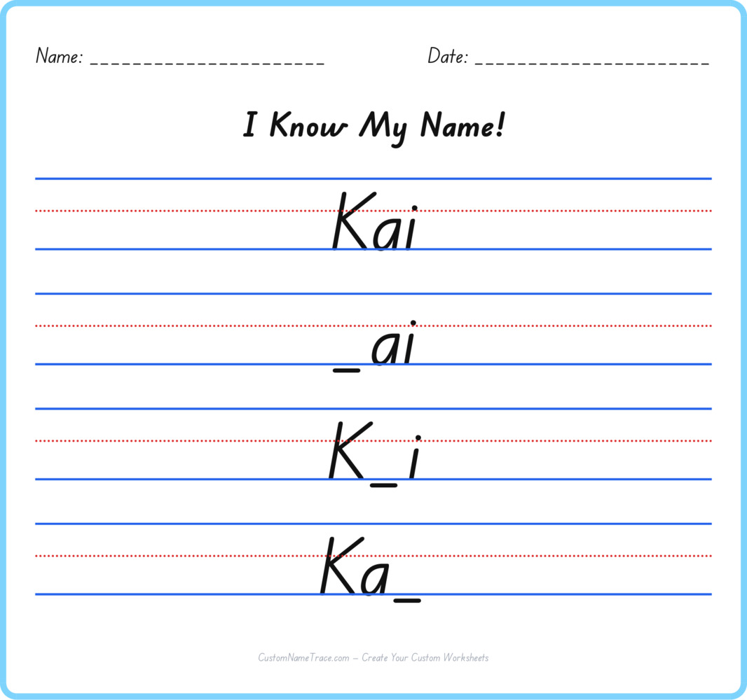 Free Kai custom name tracing - fill-in-the-blank free worksheet