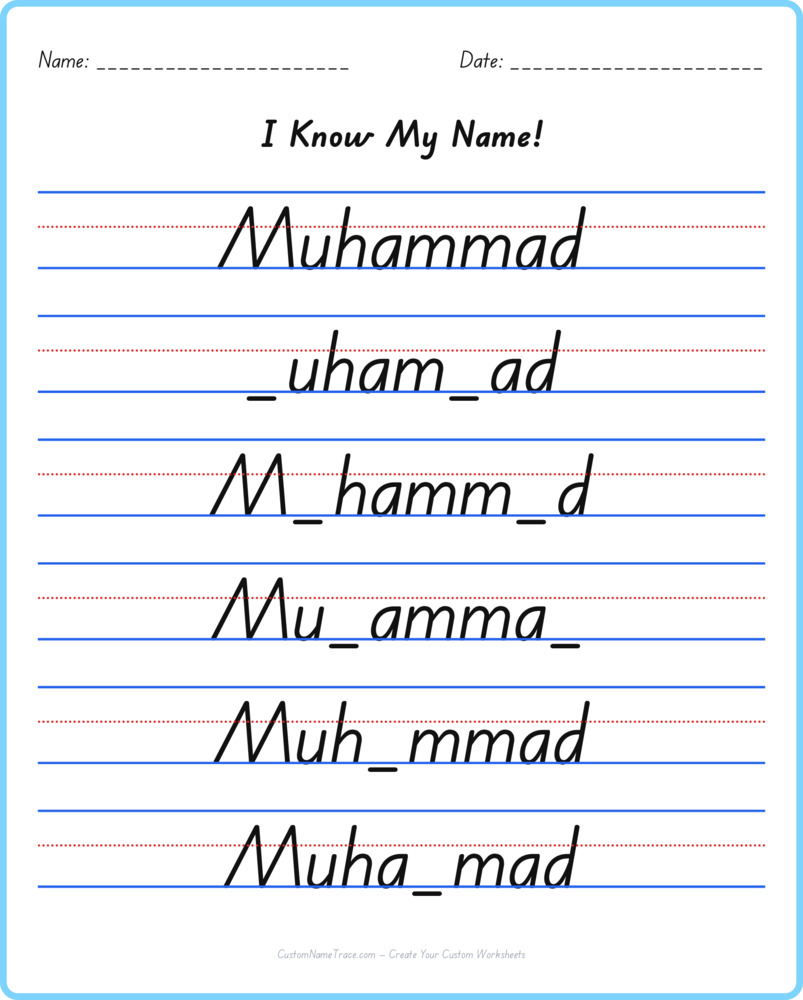 Free Muhammad custom name tracing - fill-in-the-blank free worksheet