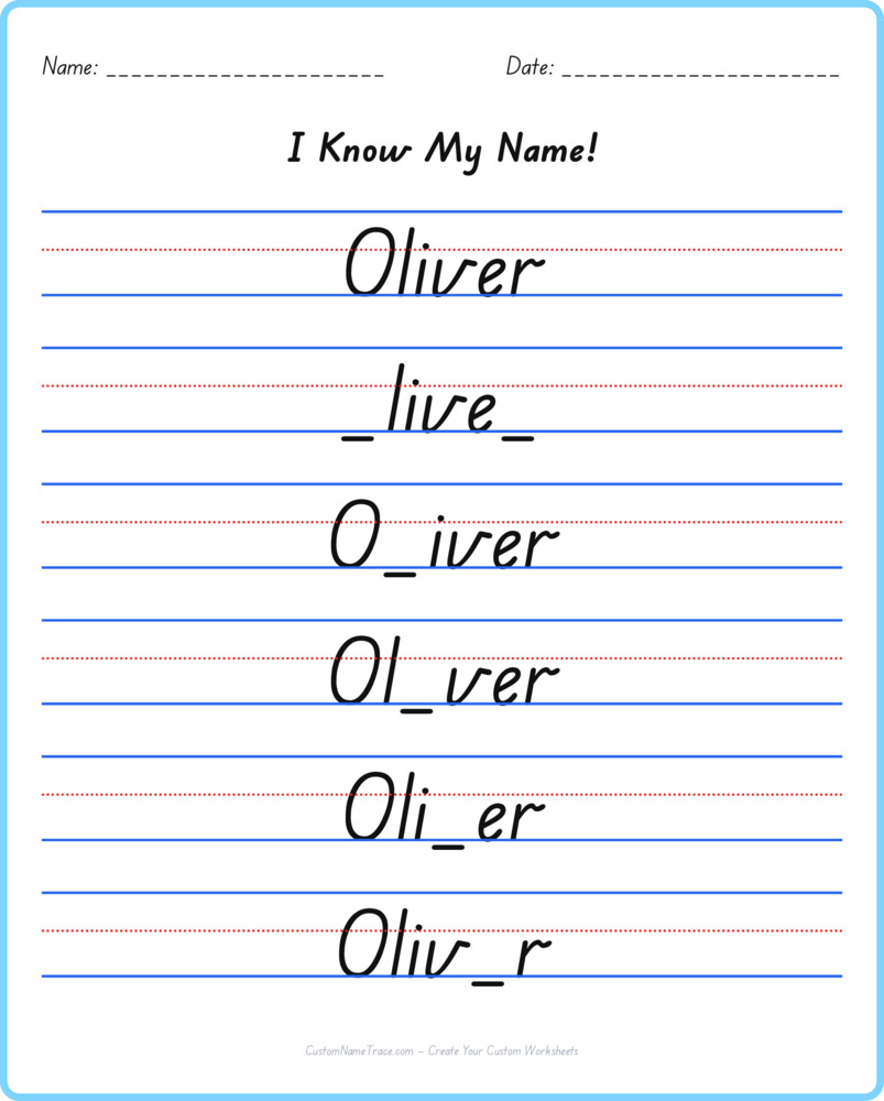 Free Oliver custom name tracing - fill-in-the-blank free worksheet