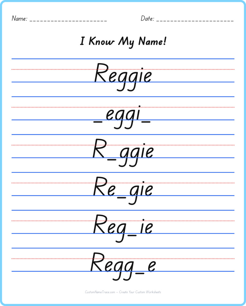 Free Reggie custom name tracing - fill-in-the-blank free worksheet