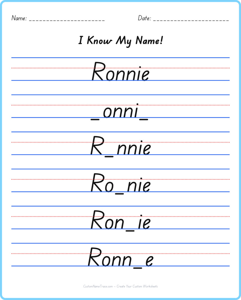 Free Ronnie custom name tracing - fill-in-the-blank free worksheet