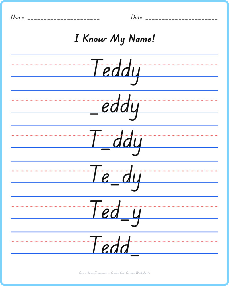 Free Teddy custom name tracing - fill-in-the-blank free worksheet