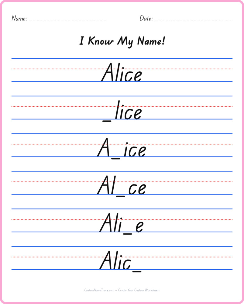 Free Alice custom name tracing - fill-in-the-blank free worksheet
