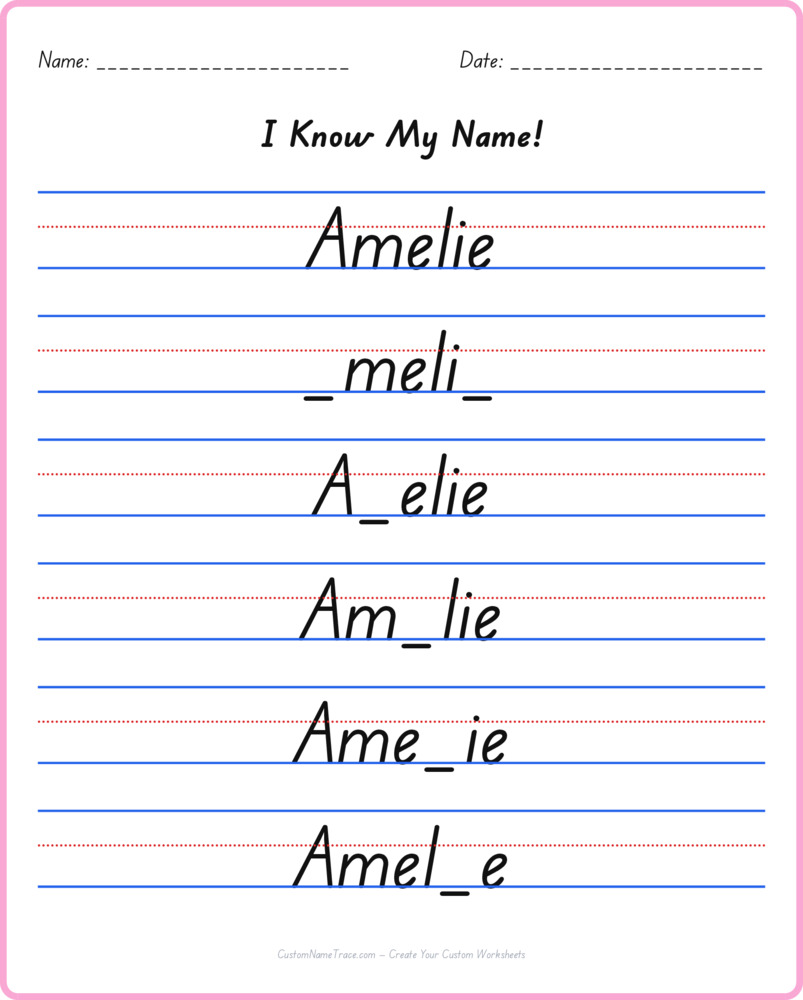 Free Amelie custom name tracing - fill-in-the-blank free worksheet