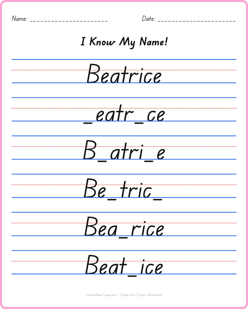 Free Beatrice custom name tracing - fill-in-the-blank free worksheet
