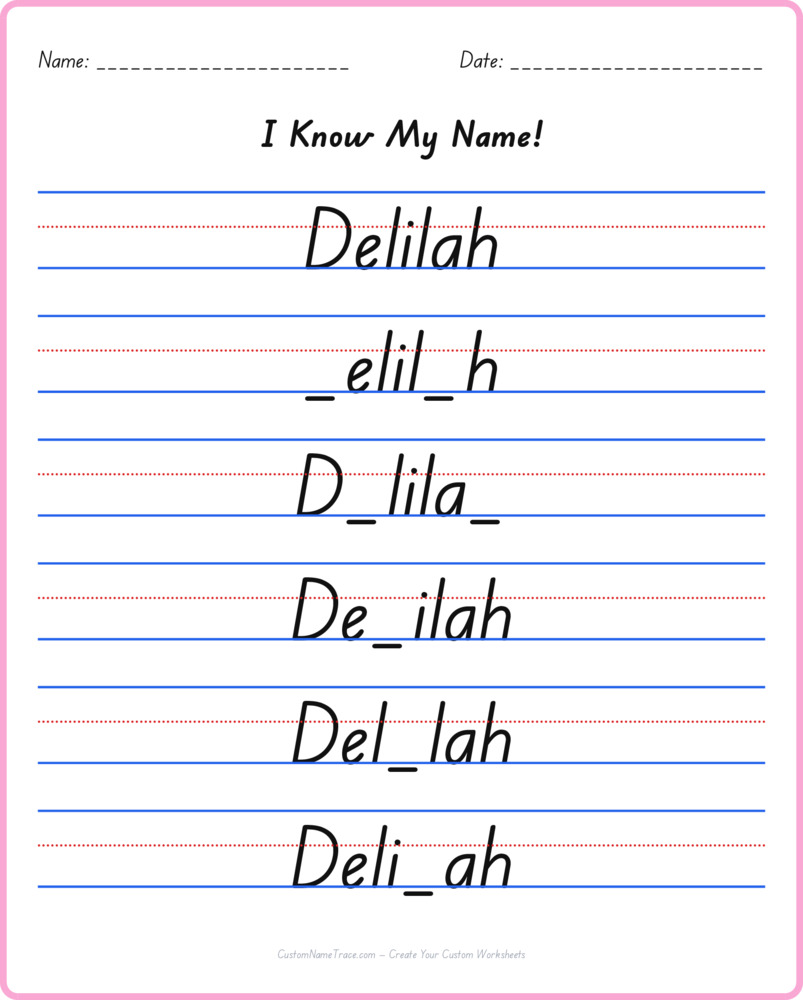 Free Delilah custom name tracing - fill-in-the-blank free worksheet