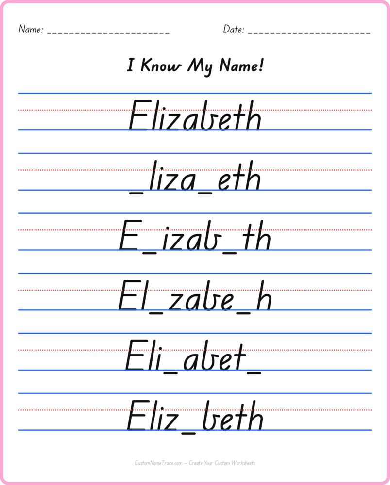 Free Elizabeth custom name tracing - fill-in-the-blank free worksheet