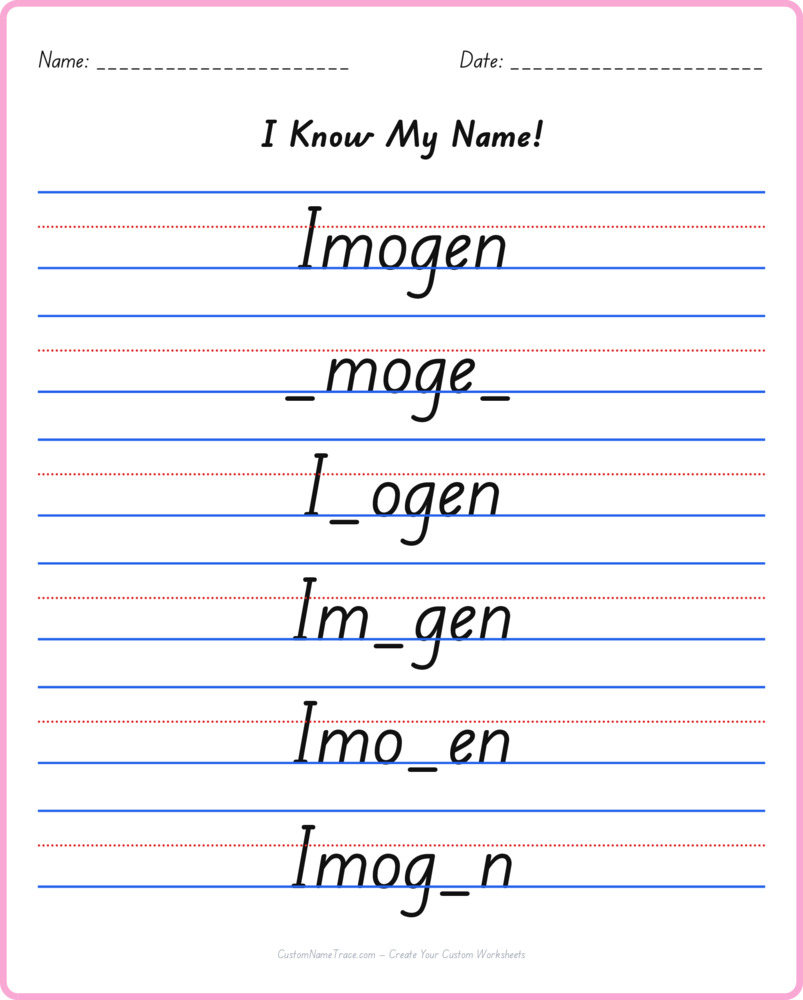 Free Imogen custom name tracing - fill-in-the-blank free worksheet