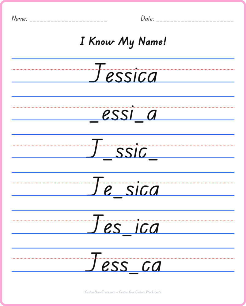 Free Jessica custom name tracing - fill-in-the-blank free worksheet