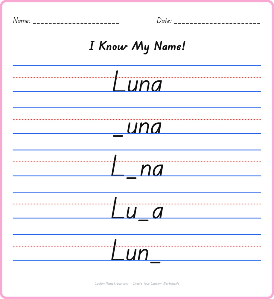 Free Luna custom name tracing - fill-in-the-blank free worksheet