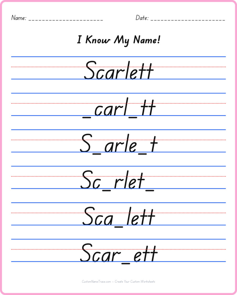 Free Scarlett custom name tracing - fill-in-the-blank free worksheet