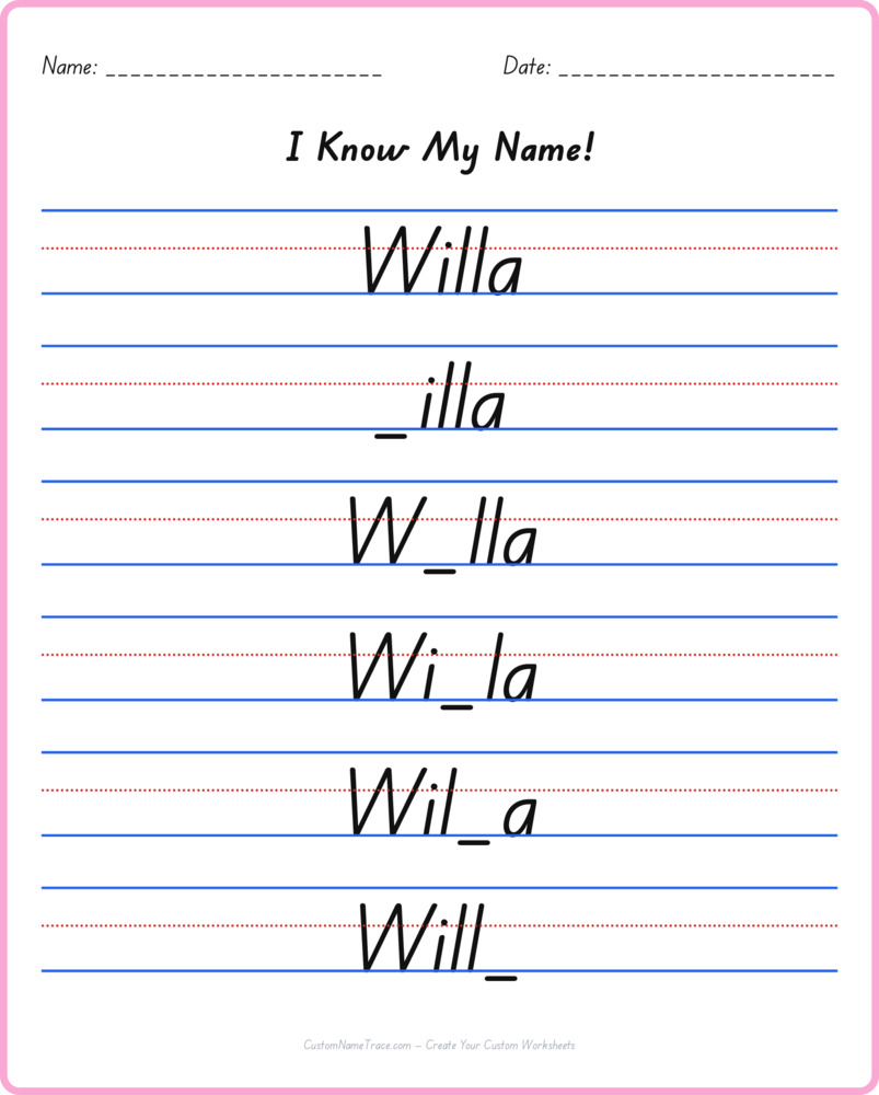 Free Willa custom name tracing - fill-in-the-blank free worksheet