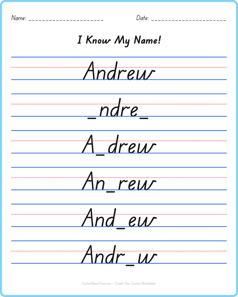 Free Andrew custom name tracing - fill-in-the-blank free worksheet