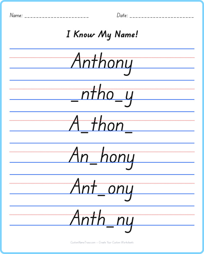 Free Anthony custom name tracing - fill-in-the-blank free worksheet