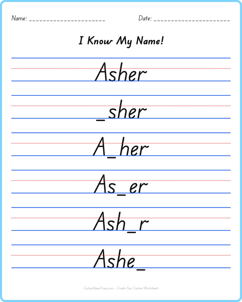 Free Asher custom name tracing - fill-in-the-blank free worksheet