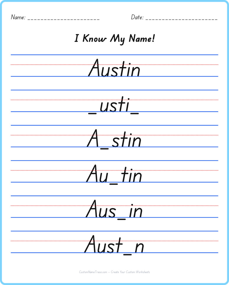 Free Austin custom name tracing - fill-in-the-blank free worksheet