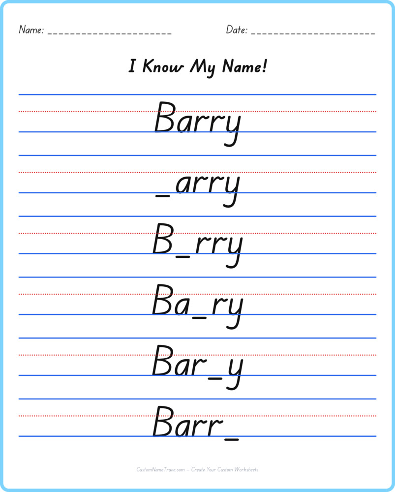 Free Barry custom name tracing - fill-in-the-blank free worksheet