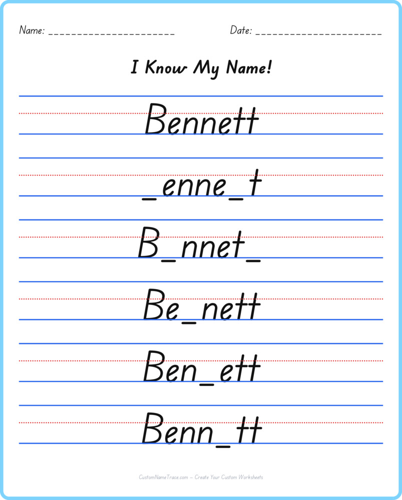 Free Bennett custom name tracing - fill-in-the-blank free worksheet