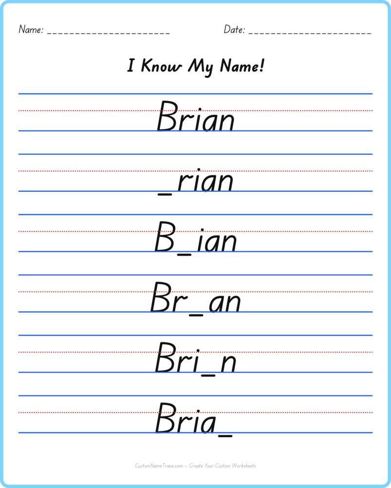 Free Brian custom name tracing - fill-in-the-blank free worksheet