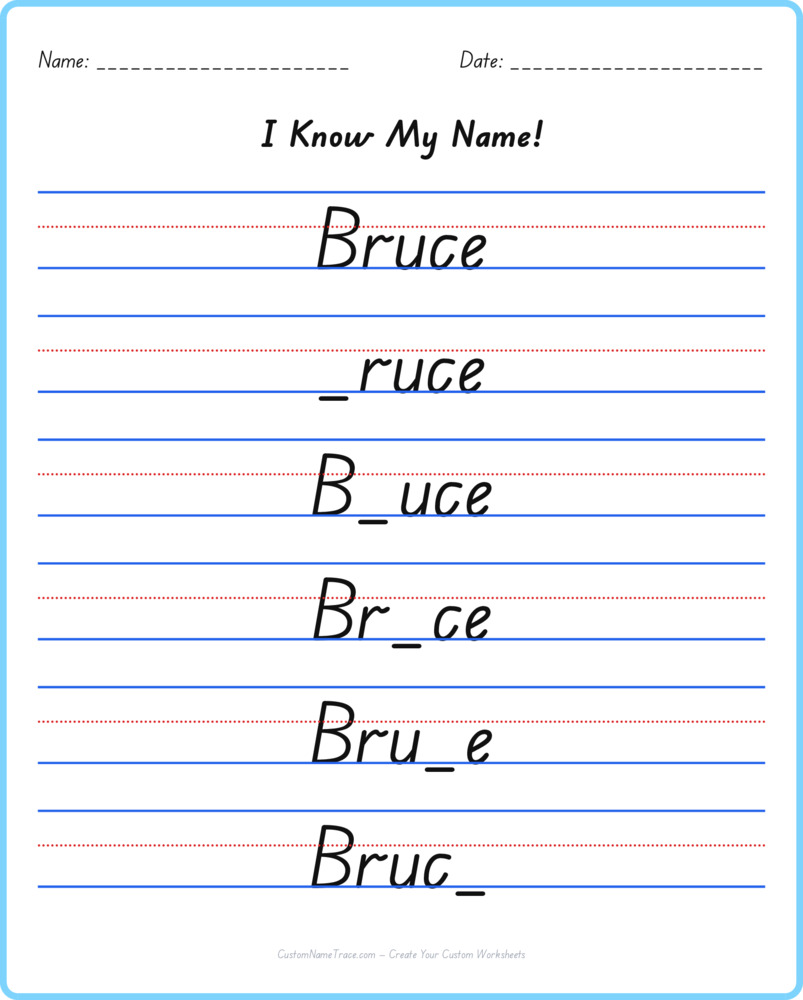 Free Bruce custom name tracing - fill-in-the-blank free worksheet
