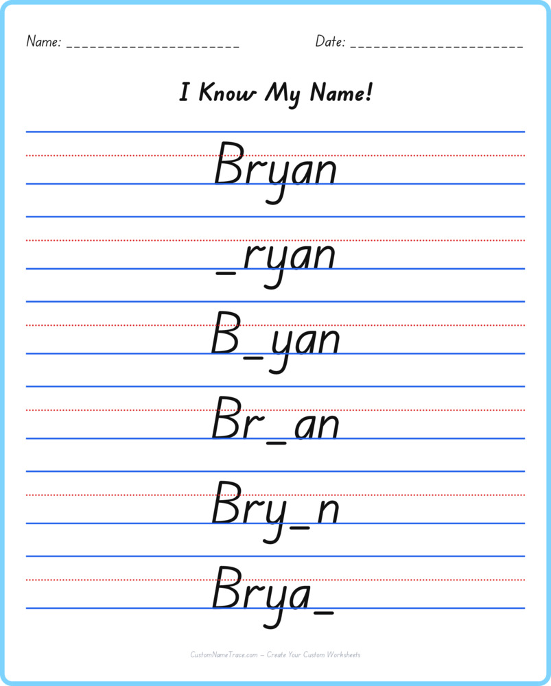 Free Bryan custom name tracing - fill-in-the-blank free worksheet
