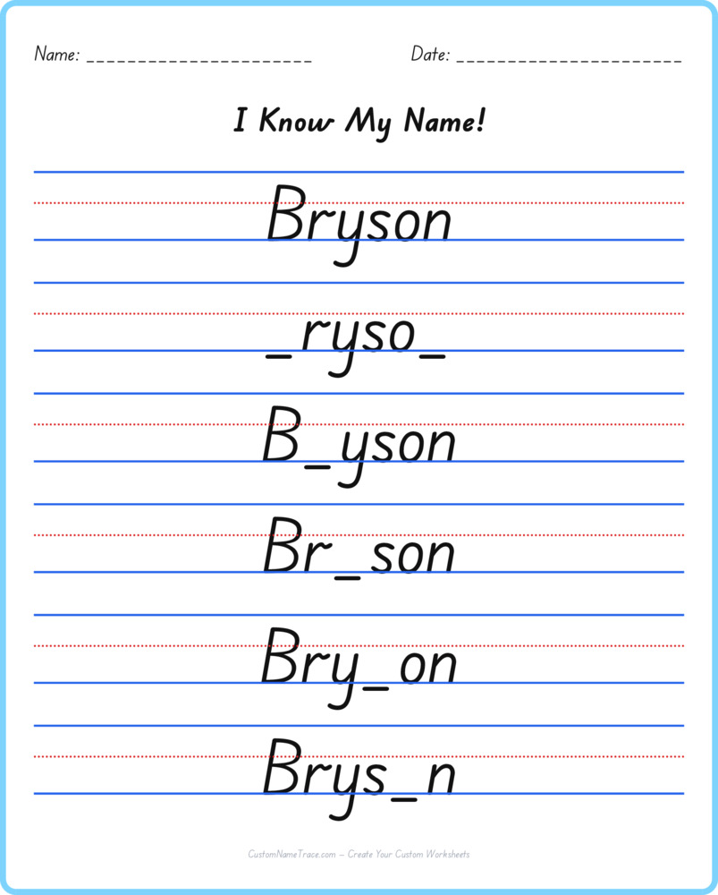 Free Bryson custom name tracing - fill-in-the-blank free worksheet