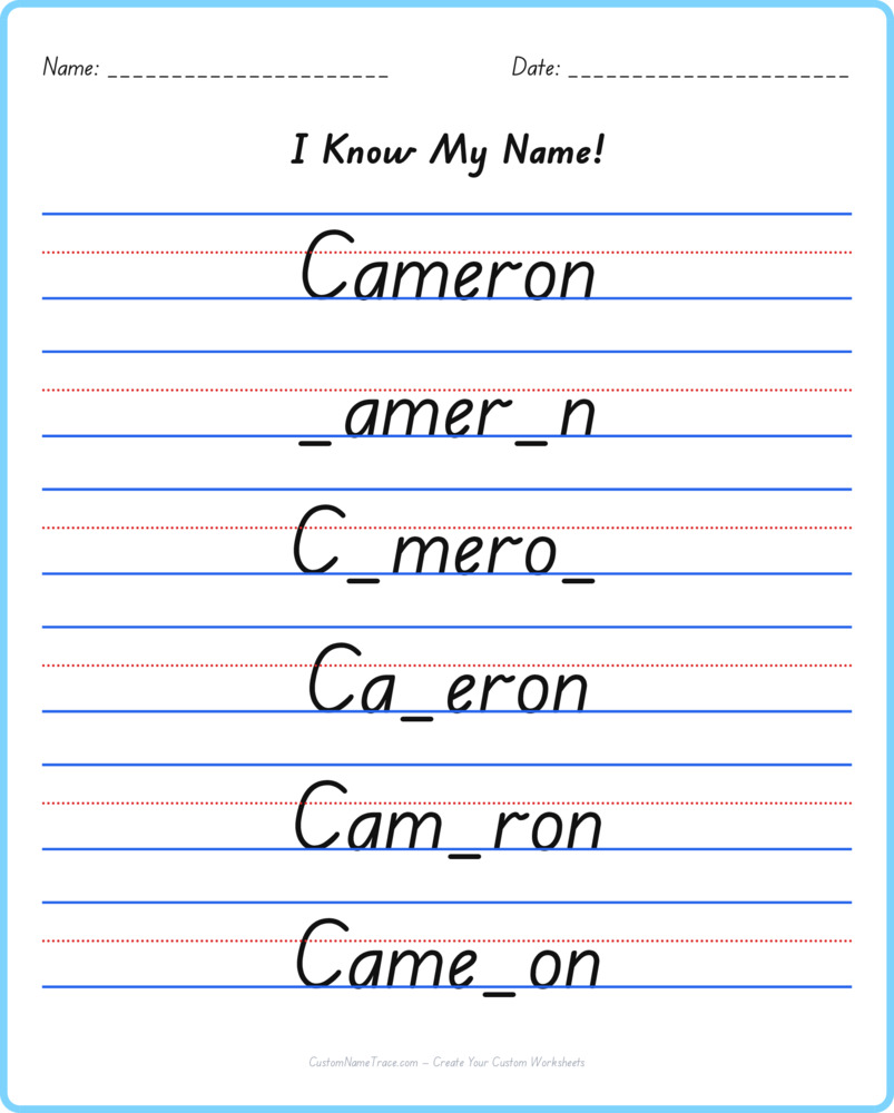 Free Cameron custom name tracing - fill-in-the-blank free worksheet