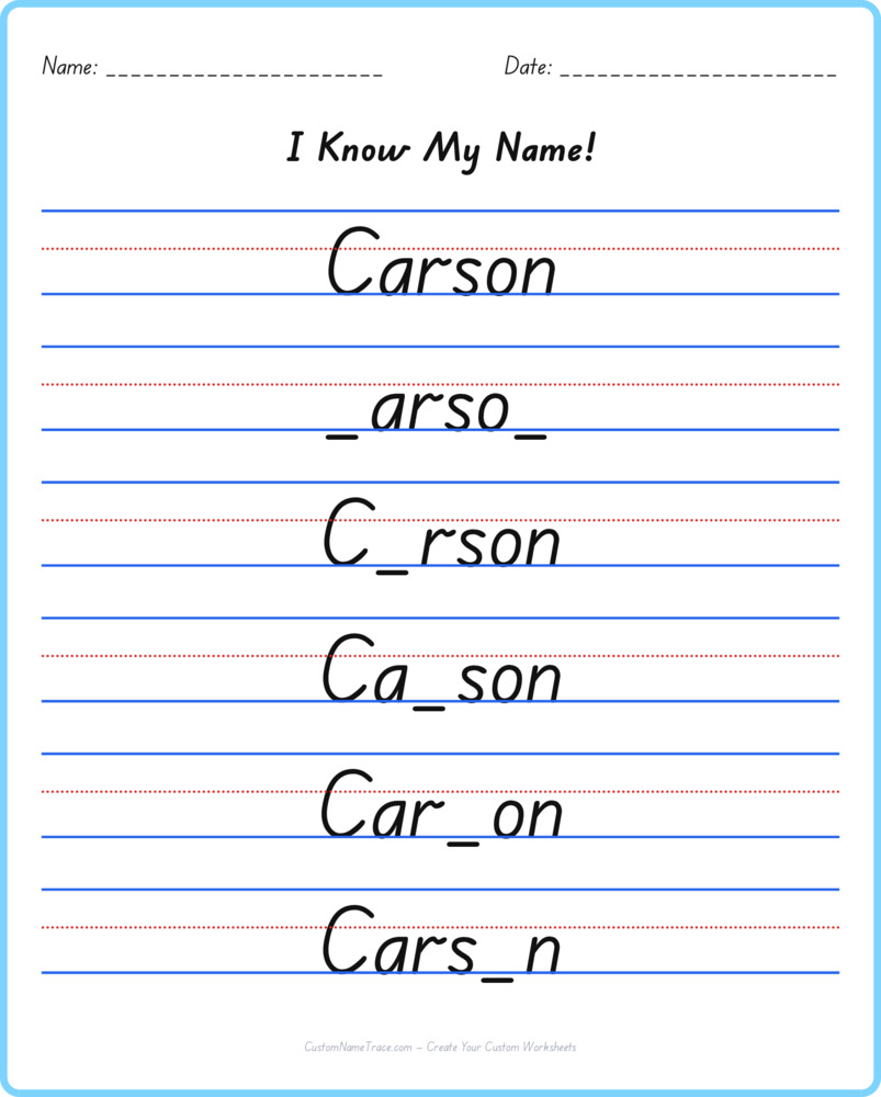 Free Carson custom name tracing - fill-in-the-blank free worksheet