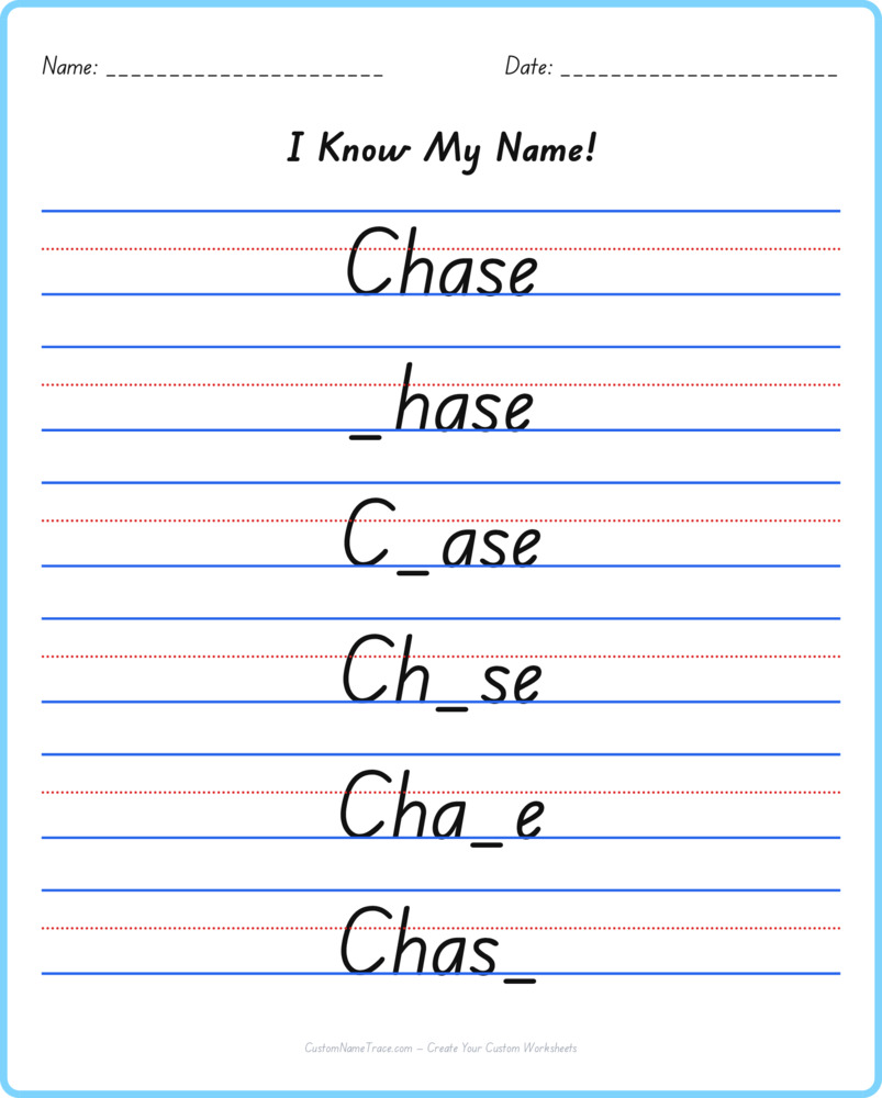 Free Chase custom name tracing - fill-in-the-blank free worksheet