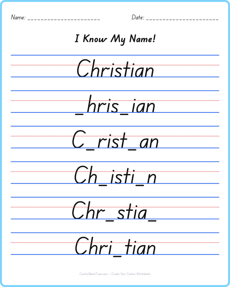 Free Christian custom name tracing - fill-in-the-blank free worksheet