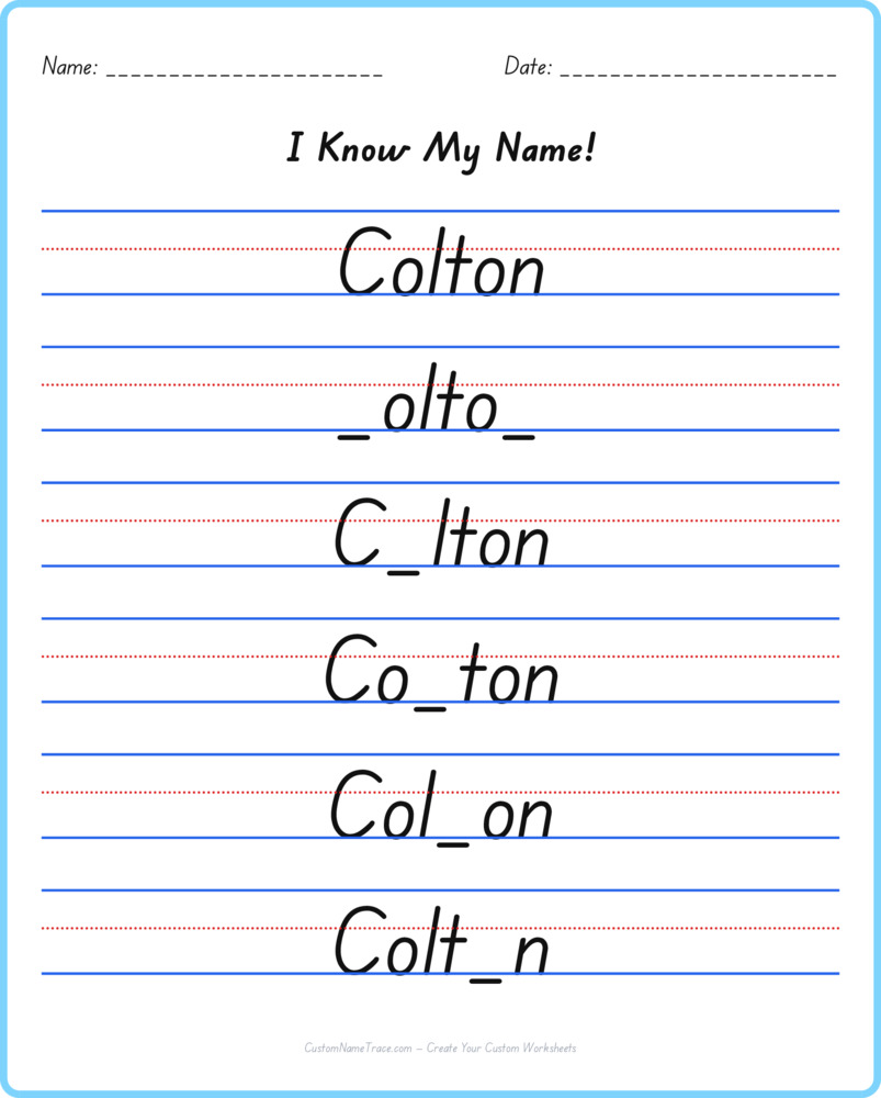 Free Colton custom name tracing - fill-in-the-blank free worksheet